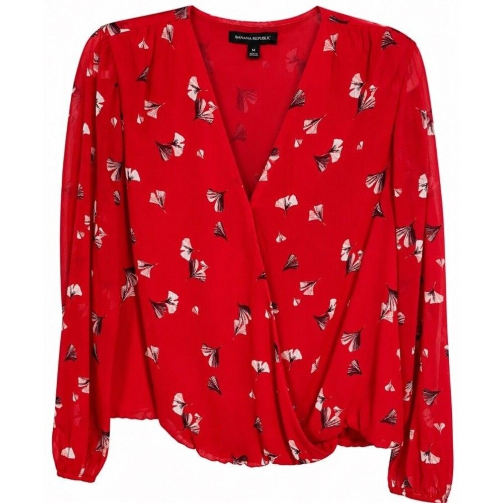 Banana Republic Women’s M Red Floral Surplice Blouse Balloon Sleeve Romantic